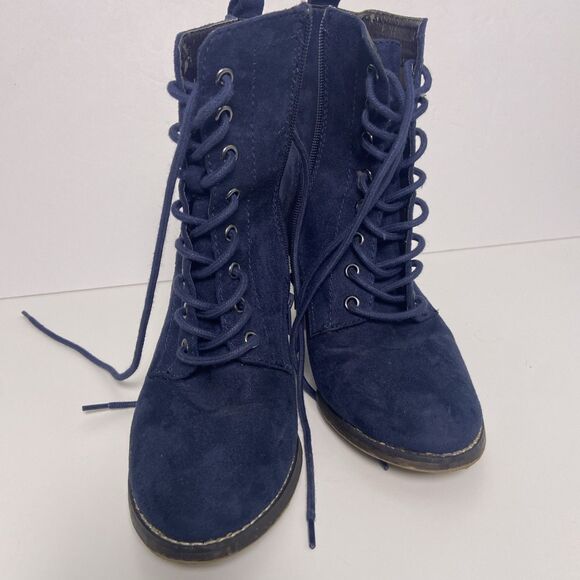 Candies Blue Suede Ankle Boot Women's 9M Side Zipper, Lace-up, 3.5" Heel - Picture 3 of 7